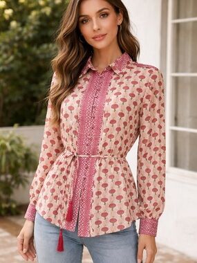 Etcetera Pink Floral Button-Front Peasant Blouse